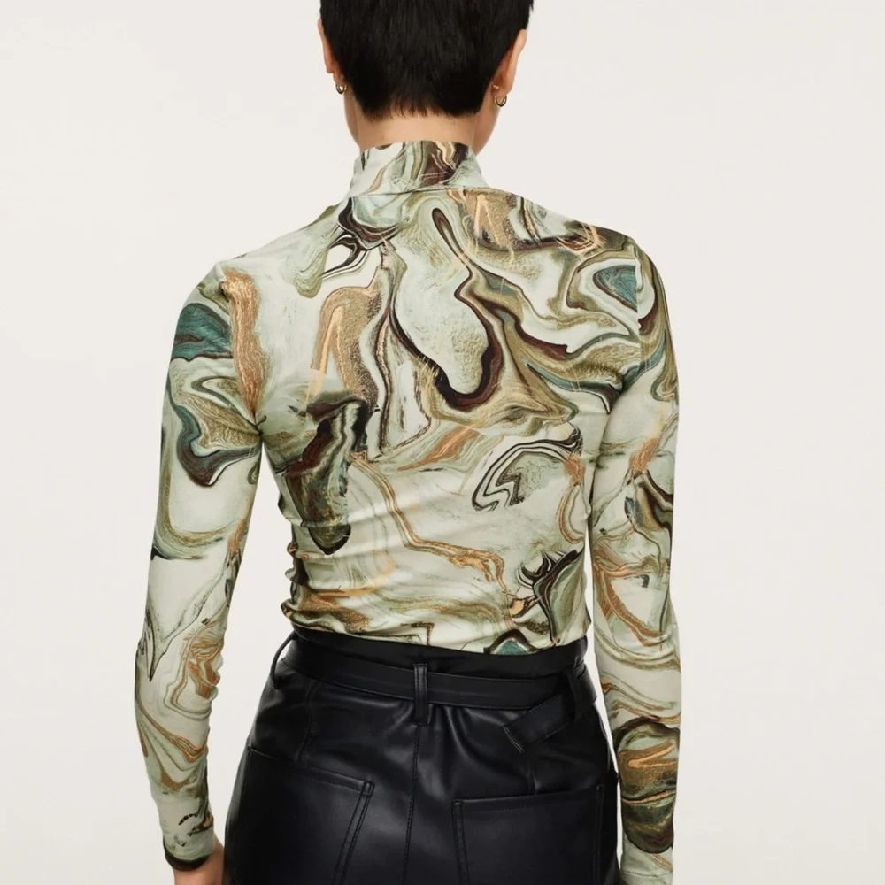 Mango long sleeved mesh top in marble print in green size Large - Picture 2 of 7